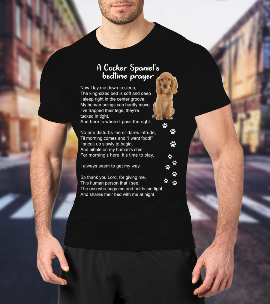 A Cocker Spaniel's Bedtime Prayer With Sleeping Dog And Paw Prints In Soft Light Brown T-Shirt