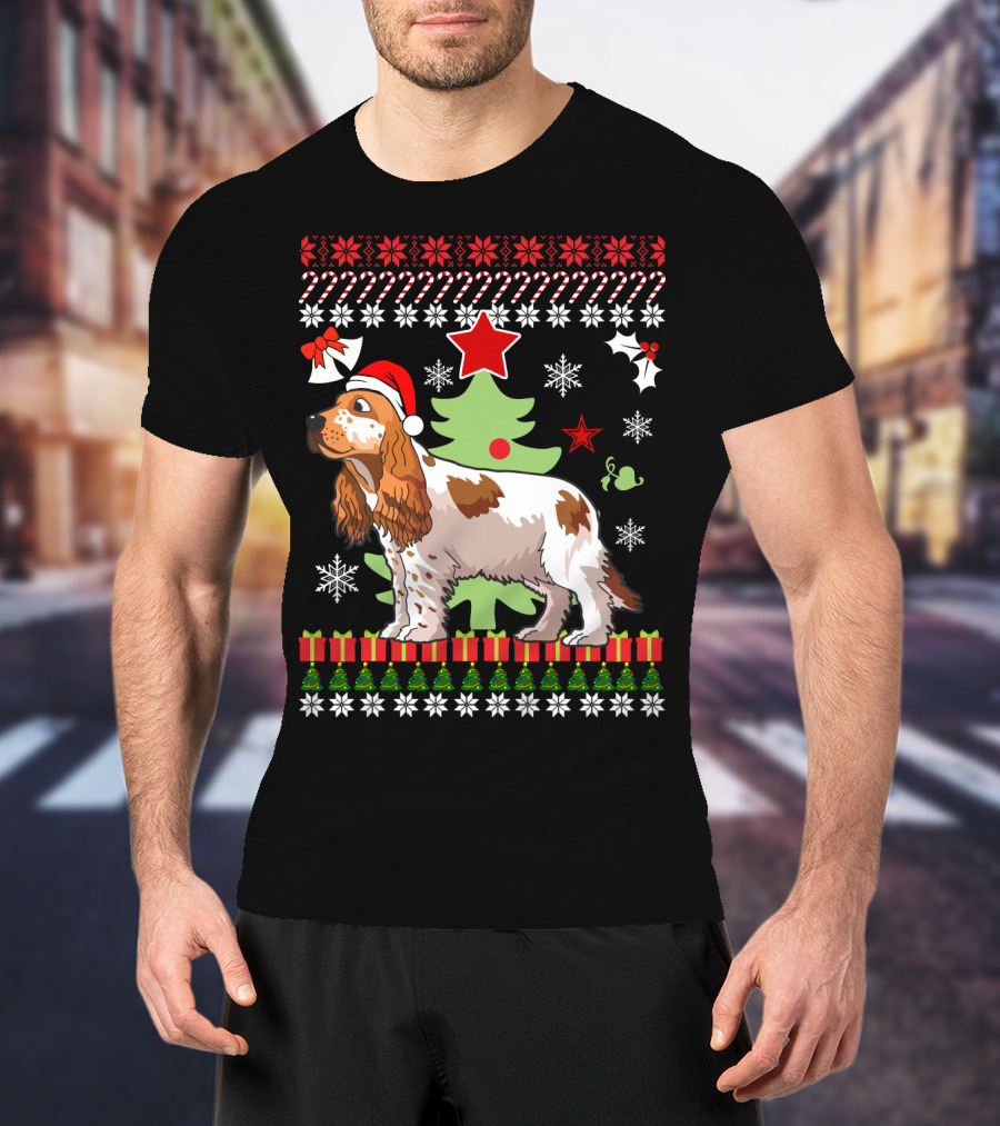 Christmas Cocker Spaniel Santa Hat Snowflakes Christmas Tree T-Shirt