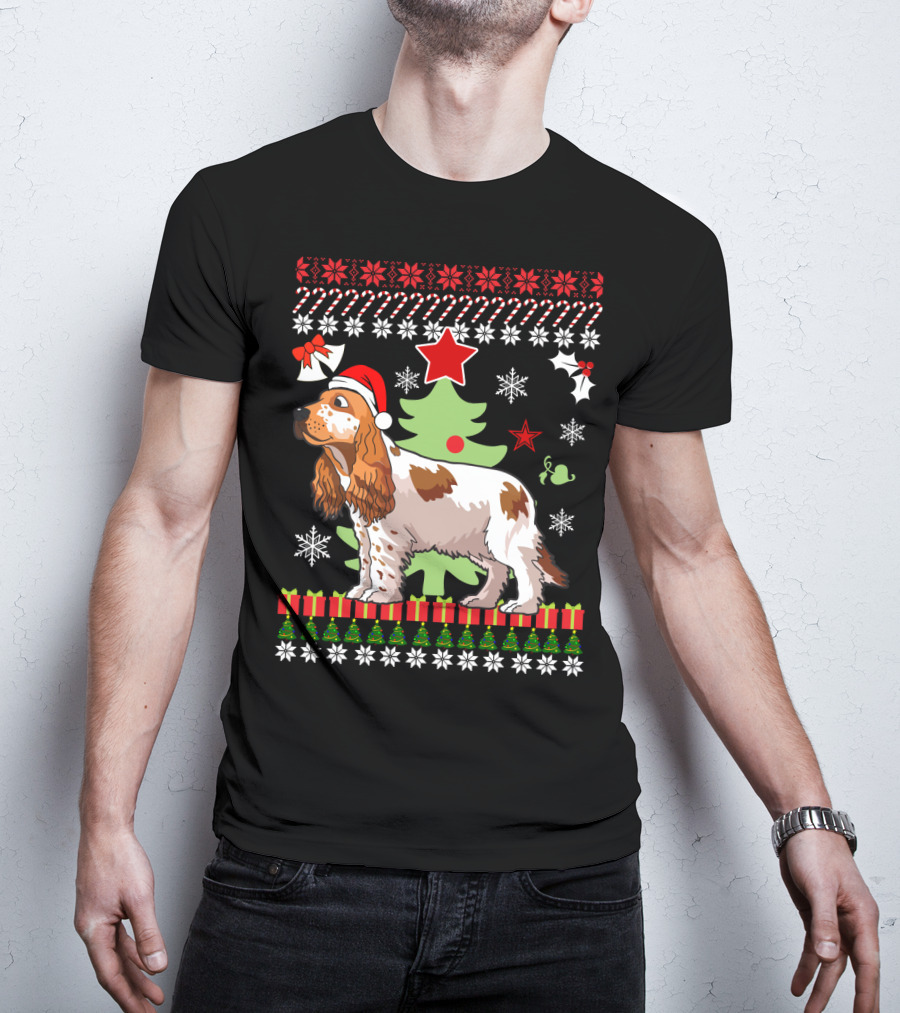 Christmas Cocker Spaniel Santa Hat Snowflakes Christmas Tree T-Shirt