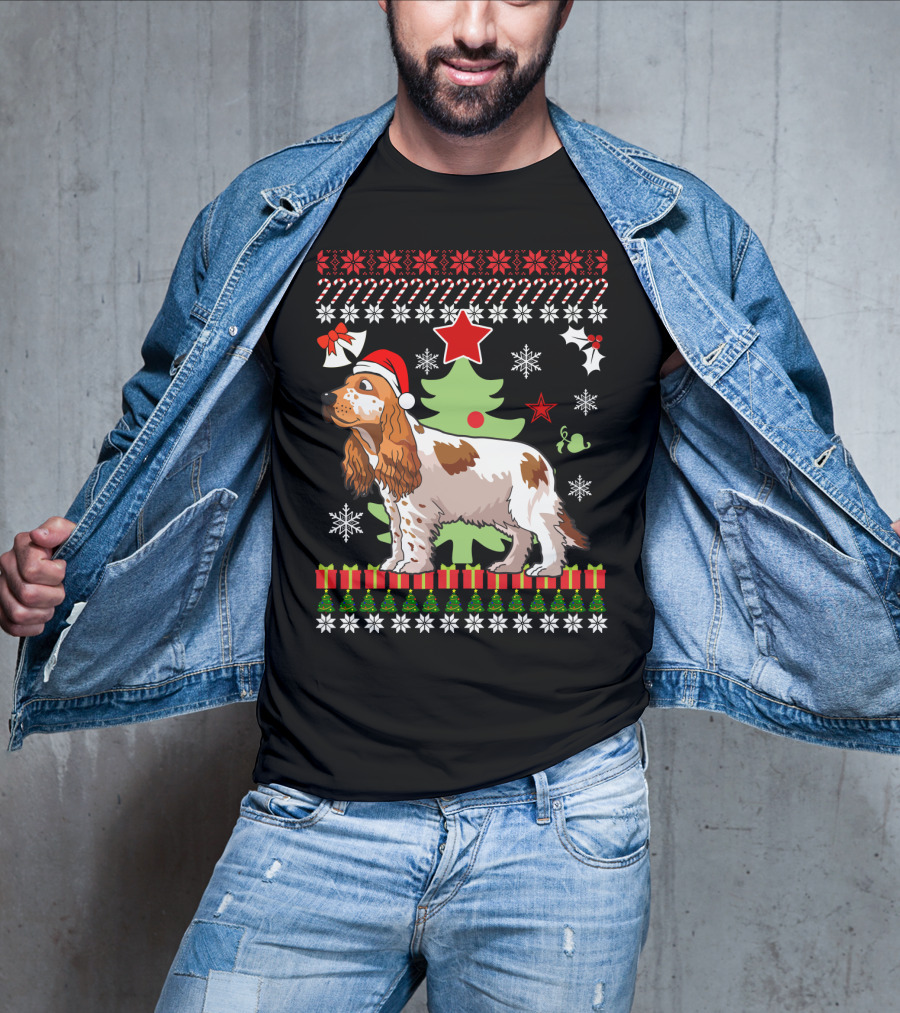 Christmas Cocker Spaniel Santa Hat Snowflakes Christmas Tree T-Shirt