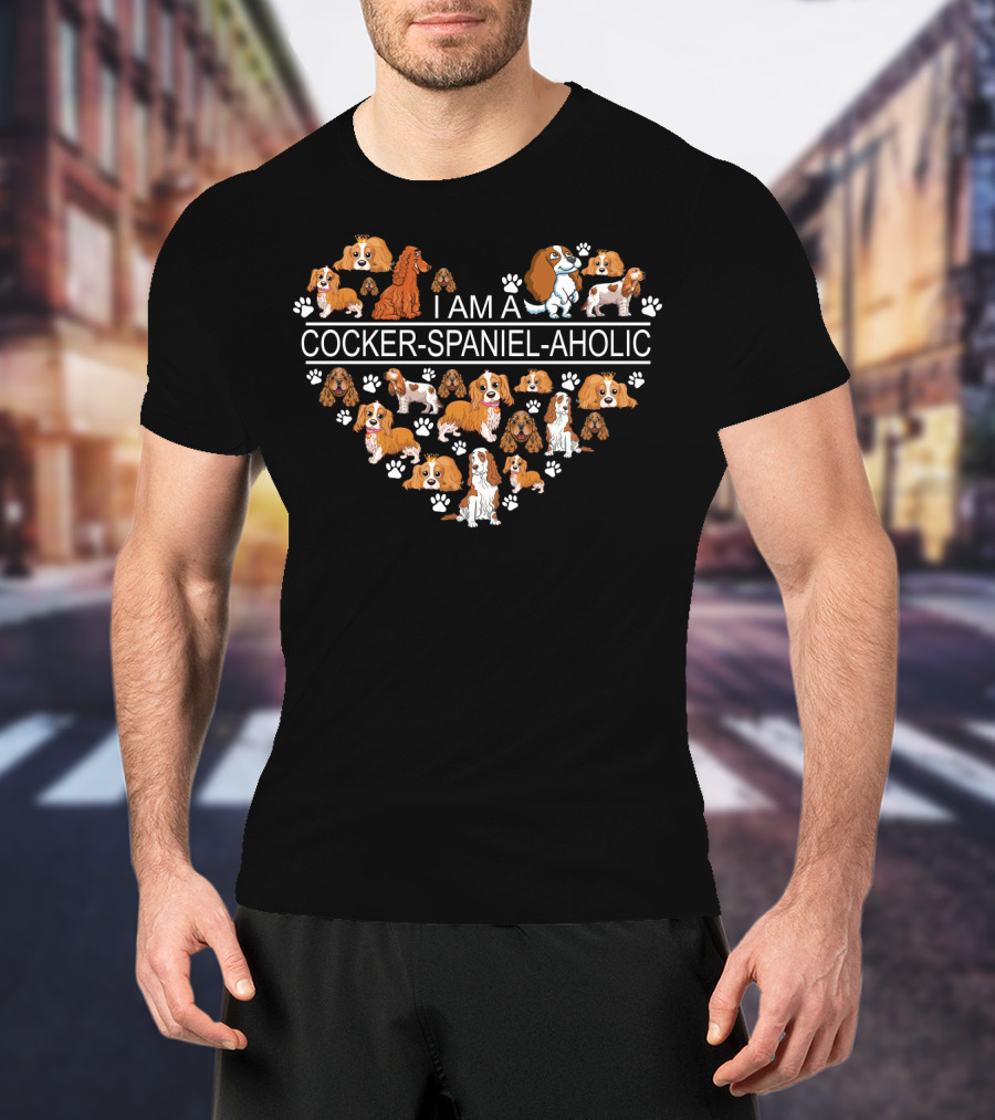 I Am A Cocker Spaniel Aholic Heart With Dog Paw Prints And Cartoon Cocker Spaniels T-Shirt