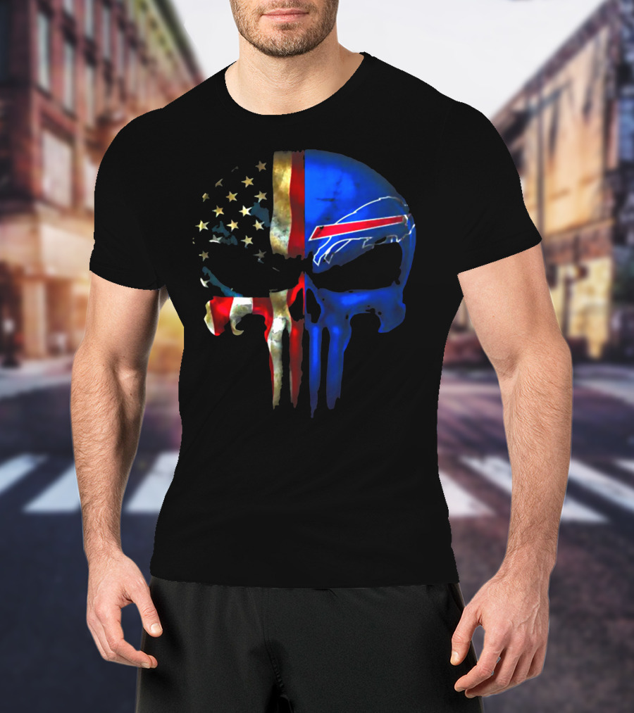 Skull Buffalo Bills American Flag Punisher NFL Logo Stars Stripes T-Shirt