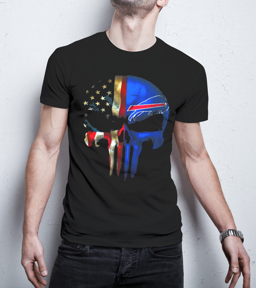 Skull Buffalo Bills American Flag Punisher NFL Logo Stars Stripes T-Shirt