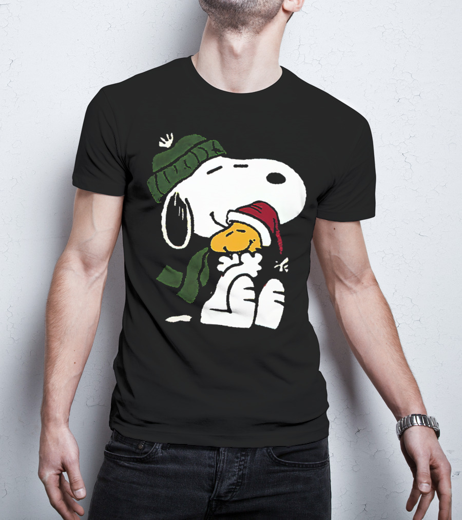 Snoopy Hugging Woodstock Winter Hat Scarf Christmas T-Shirt