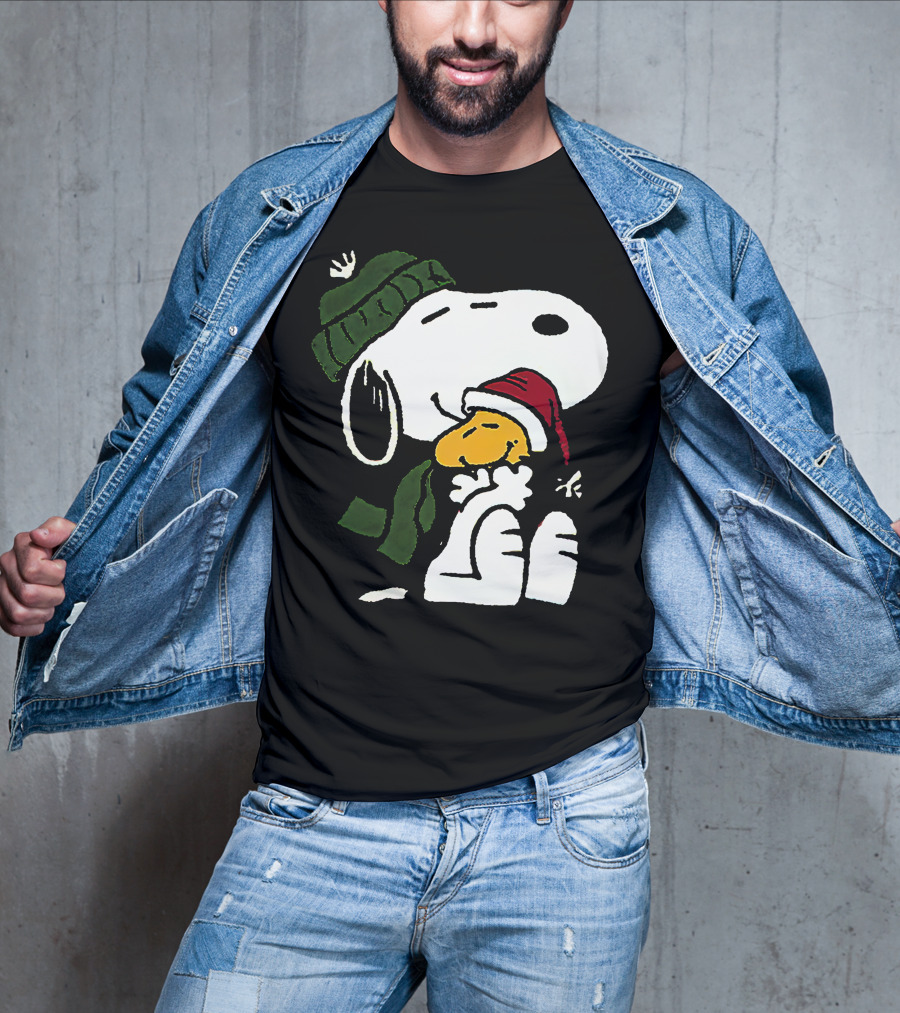 Snoopy Hugging Woodstock Winter Hat Scarf Christmas T-Shirt
