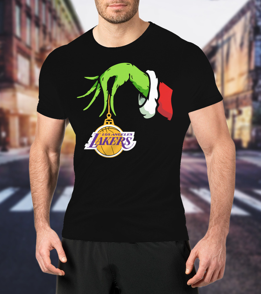 Grinch Hand With Santa Sleeve Holding Los Angeles Lakers T-Shirt