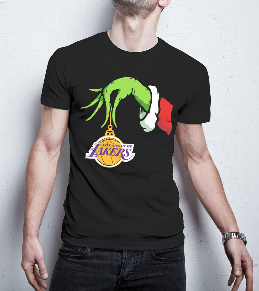 Grinch Hand With Santa Sleeve Holding Los Angeles Lakers T-Shirt