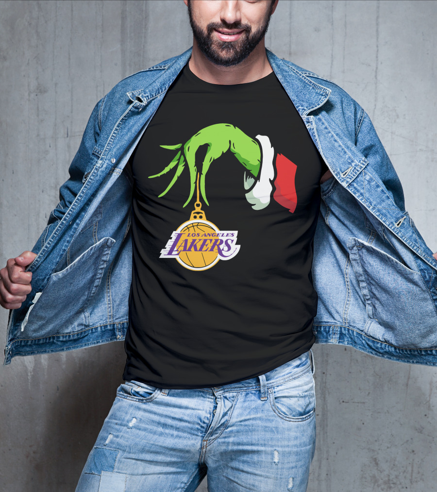 Grinch Hand With Santa Sleeve Holding Los Angeles Lakers T-Shirt