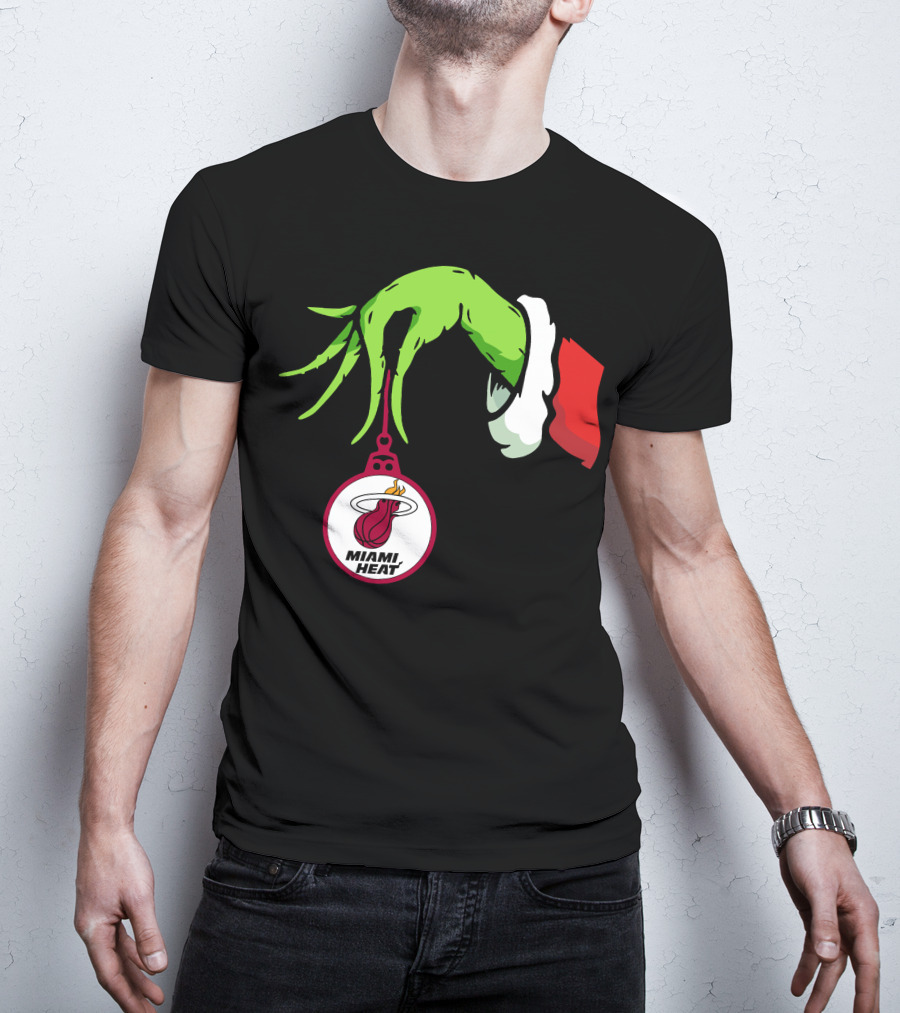 Grinch Hand With Miami Heat Ornament Holiday Sports T-Shirt