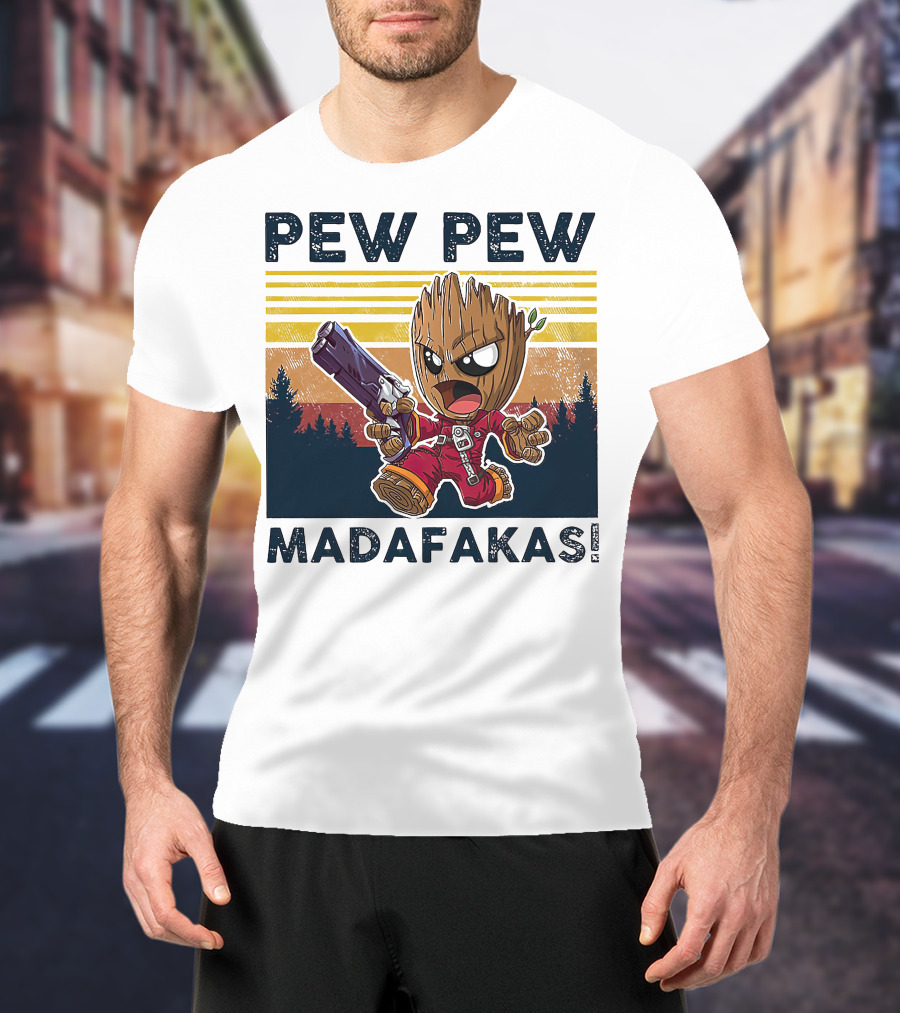 Pew Pew Madafakas Baby Groot Retro Forest Background T-Shirt