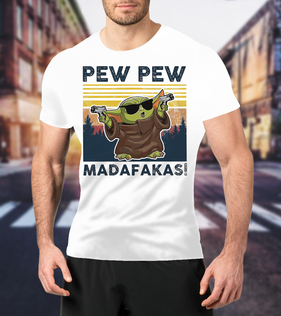 Pew Pew Madafakas Baby Yoda Retro Forest Sunset T-Shirt
