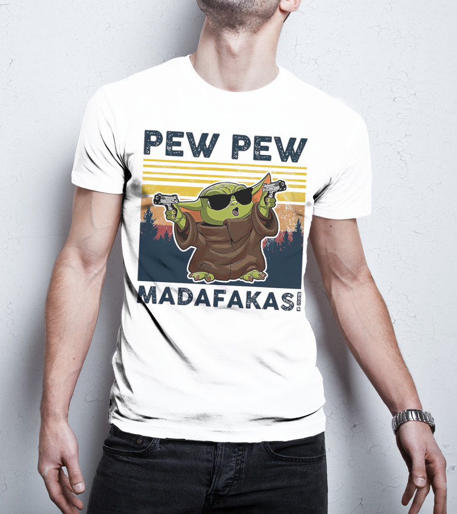 Pew Pew Madafakas Baby Yoda Retro Forest Sunset T-Shirt