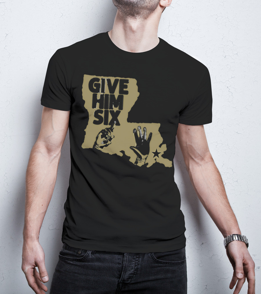 Give Him Six Louisiana Map With Football Gloves Star T-Shirt
