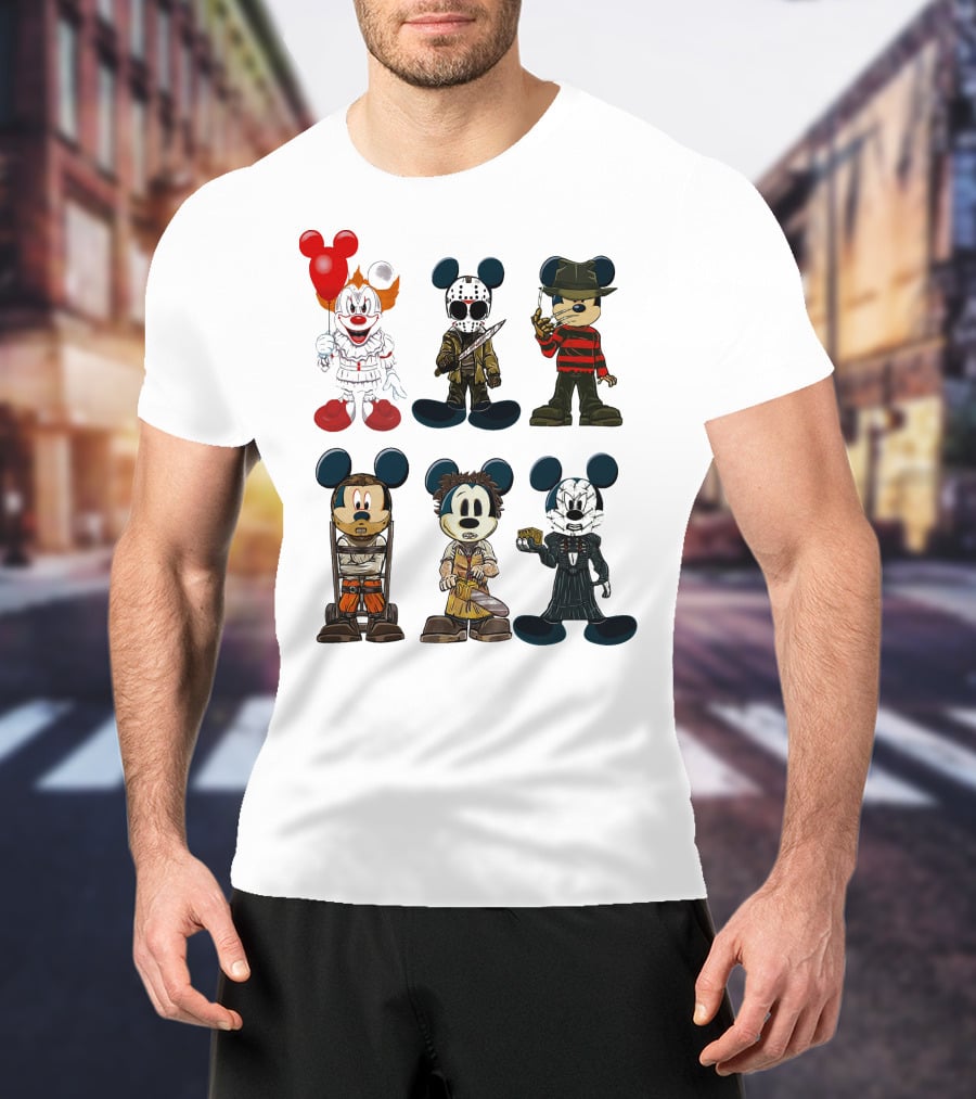 Halloween Horror Characters Mickey Mouse Pennywise Jason Freddy Chucky Leatherface Pinhead T-Shirt
