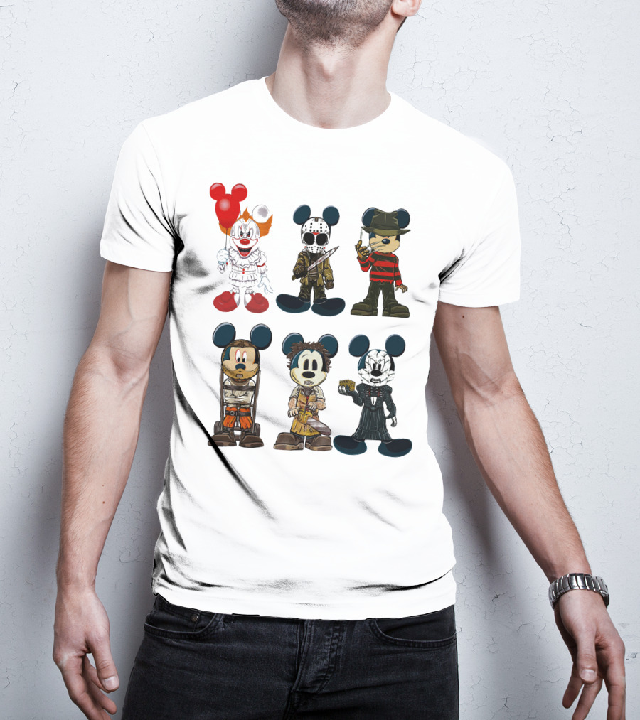 Halloween Horror Characters Mickey Mouse Pennywise Jason Freddy Chucky Leatherface Pinhead T-Shirt