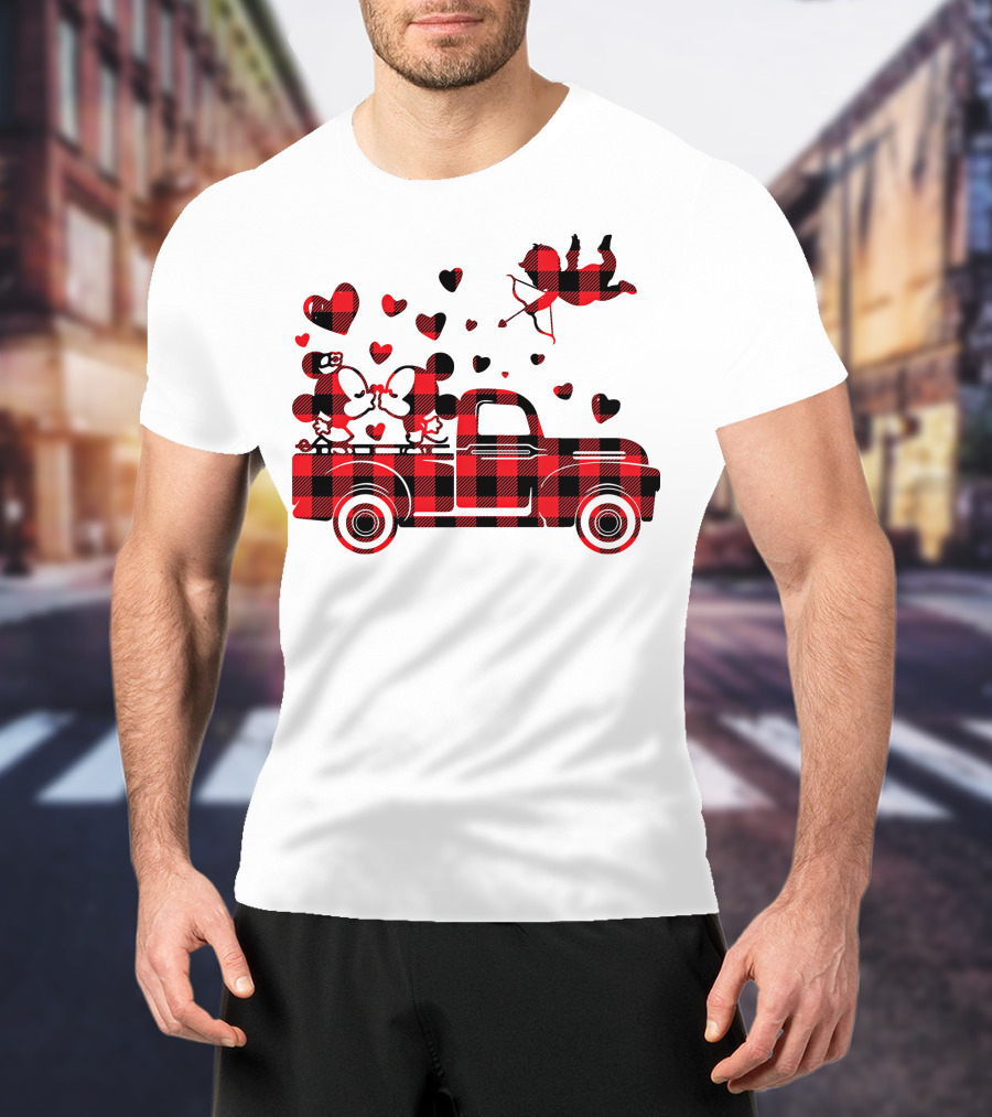Buffalo Plaid Mickey Minnie Kissing In Truck With Hearts And Cupid Valentine T-Shirt