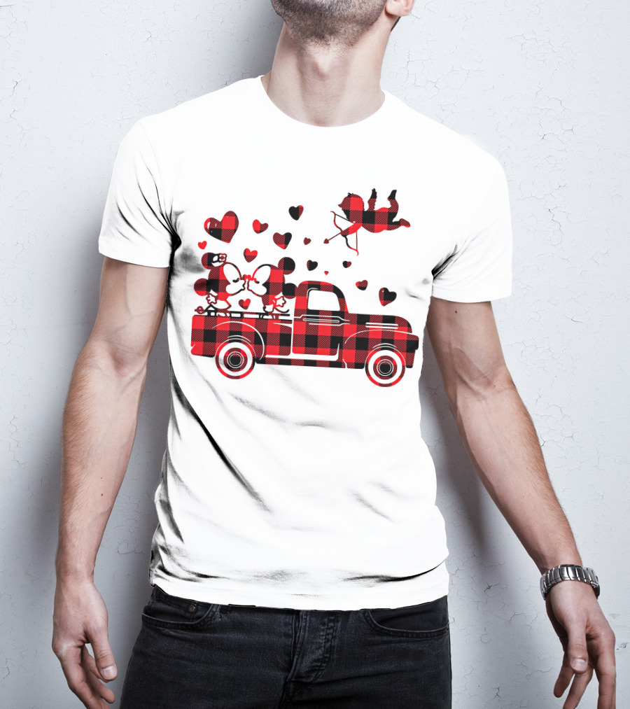 Buffalo Plaid Mickey Minnie Kissing In Truck With Hearts And Cupid Valentine T-Shirt