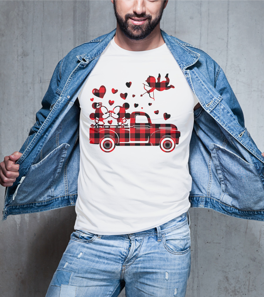 Buffalo Plaid Mickey Minnie Kissing In Truck With Hearts And Cupid Valentine T-Shirt