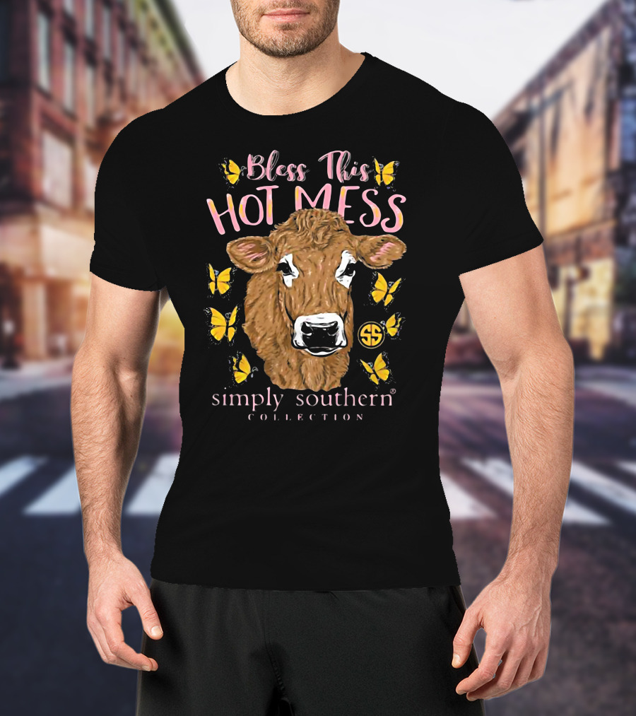 Bless This Hot Mess Simply Southern Collection Cow And Butterflies T-Shirt