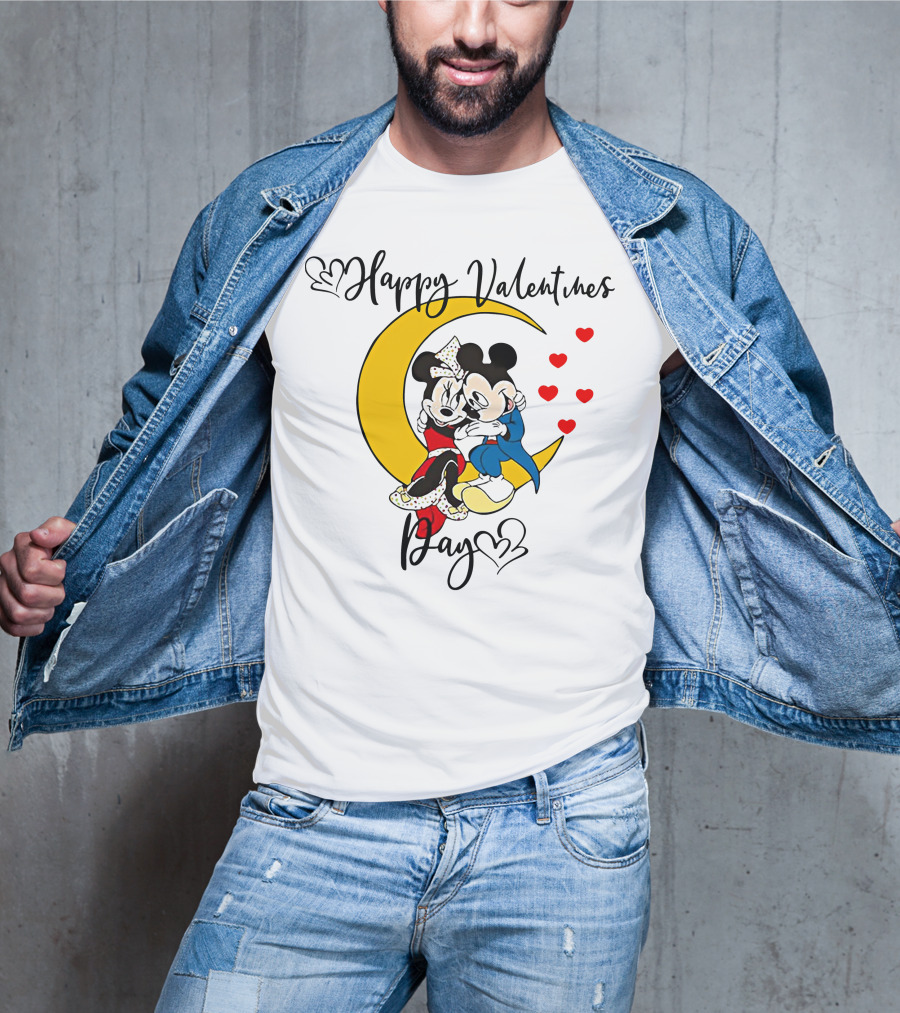Happy Valentines Day Mickey Mouse And Minnie Mouse Cuddling On Crescent Moon With Hearts T-Shirt