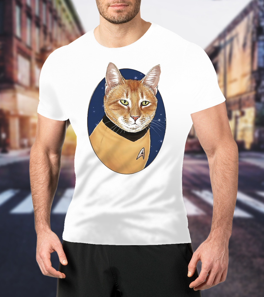 Star Trek Cat In Captain Uniform With Emblem On Starry Background T-Shirt