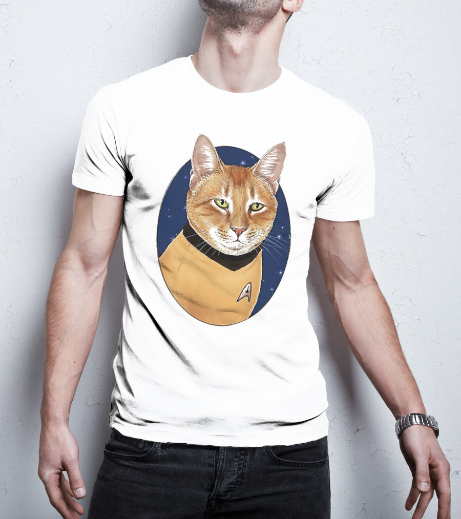 Star Trek Cat In Captain Uniform With Emblem On Starry Background T-Shirt