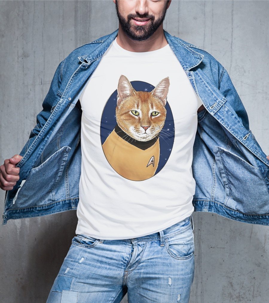 Star Trek Cat In Captain Uniform With Emblem On Starry Background T-Shirt