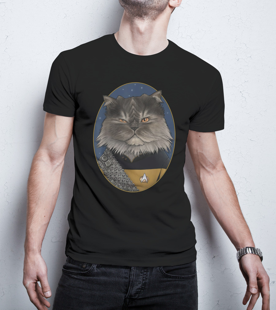 Star Trek Worf Cat In Starfleet Uniform With Klingon Sash And Emblem T-Shirt