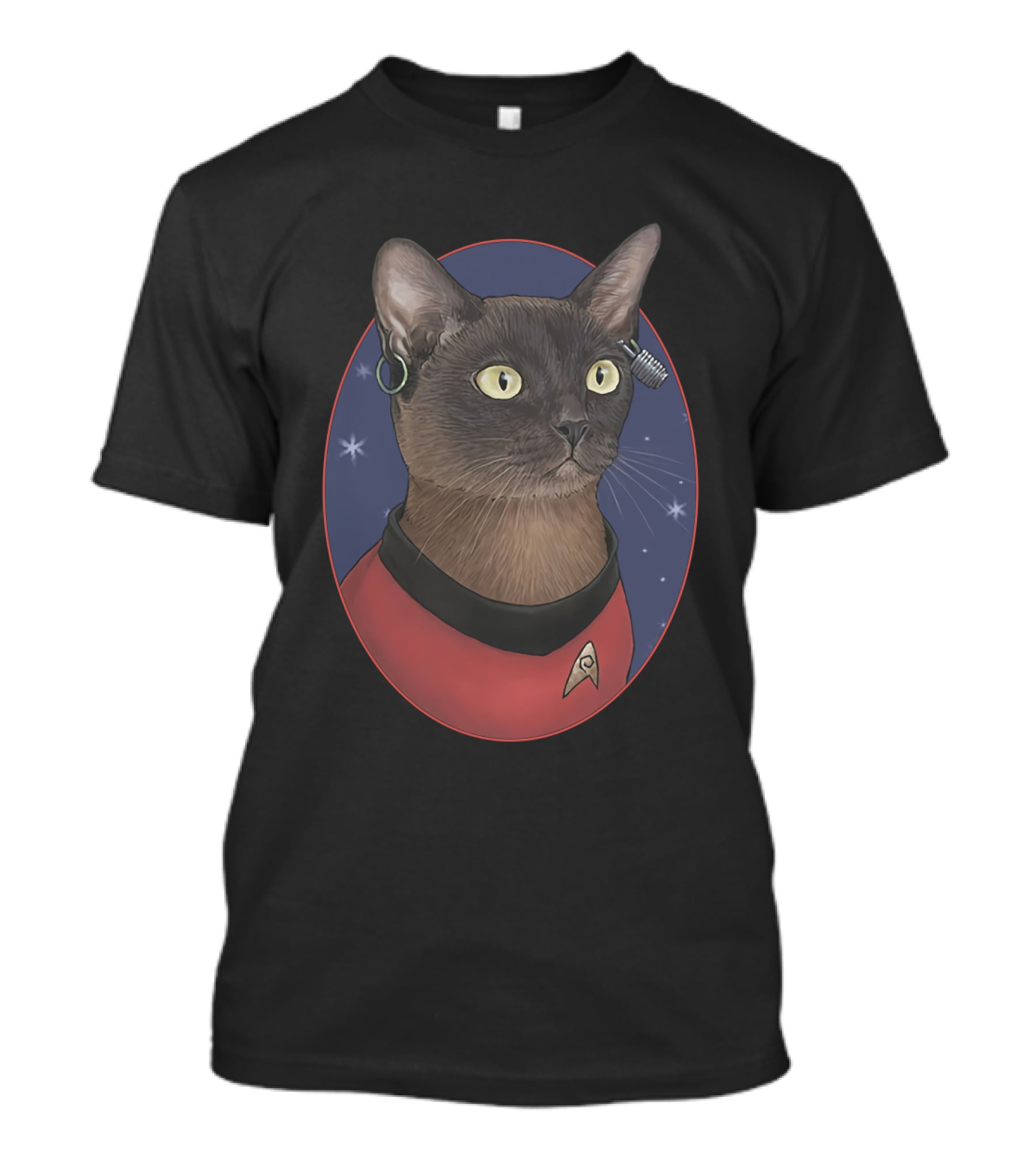 Star Trek Uhura Cat Badge In Space Oval With Earrings And Red Uniform T-Shirt