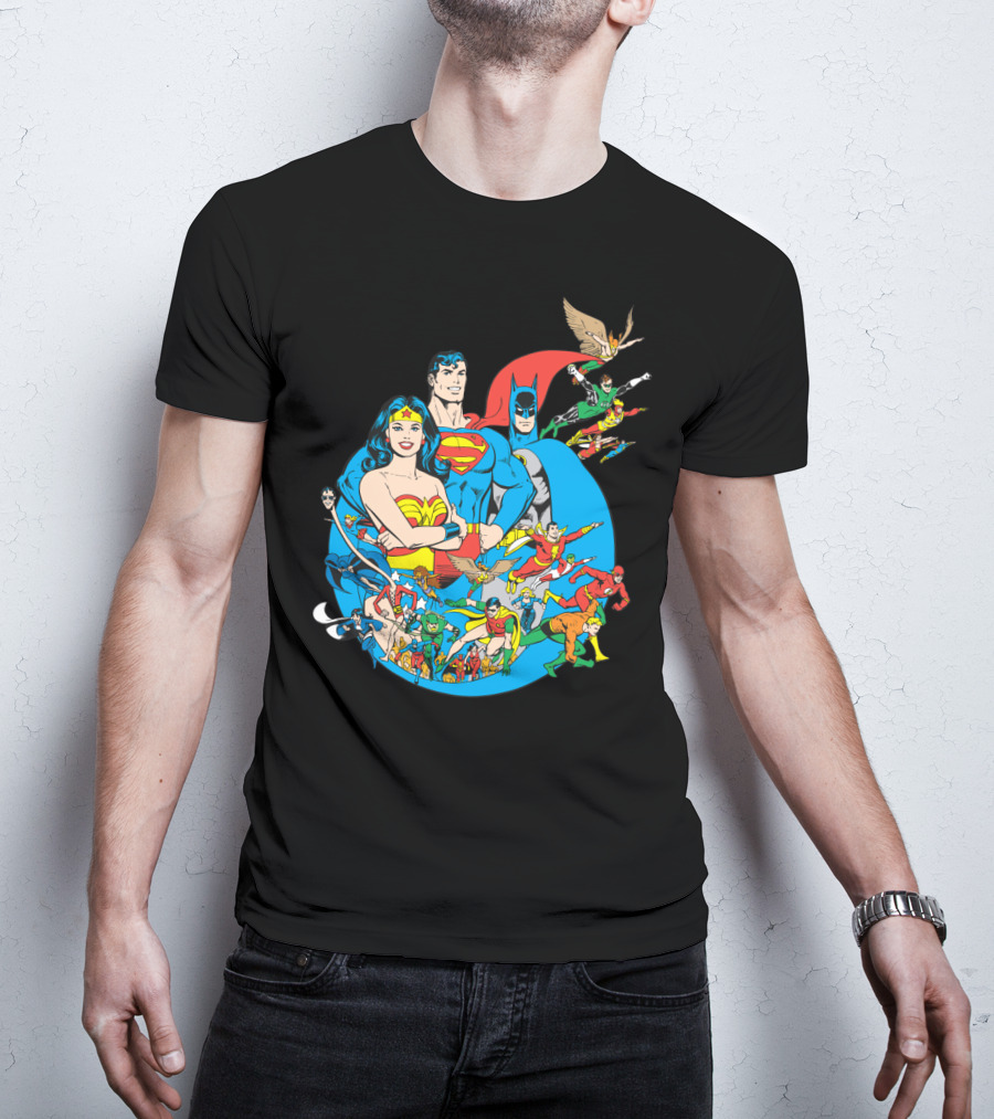 DC Comics Justice League Superman Batman Wonder Woman Flash Green Lantern Aquaman Hawkman Robin Green Arrow T-Shirt
