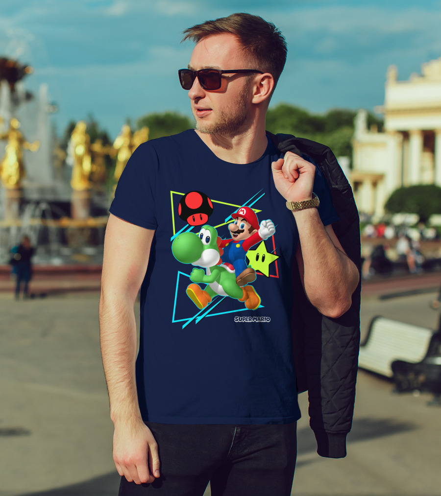 Super Mario Yoshi Adventure With Red Mushroom And Star T-Shirt