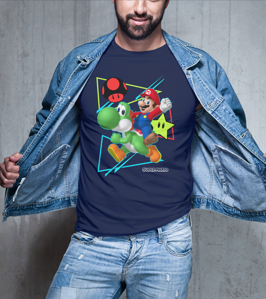 Super Mario Yoshi Adventure With Red Mushroom And Star T-Shirt