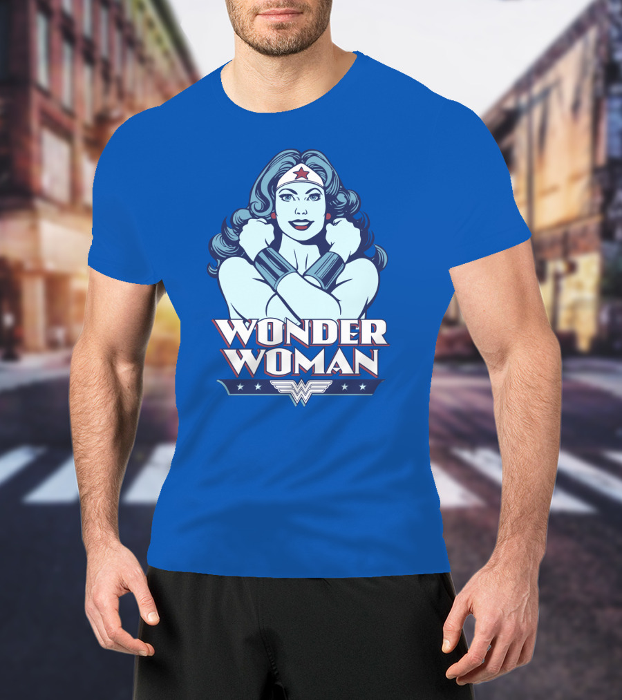 WONDER WOMAN Retro Blue Crossover Illustration With Star Headband And Arm Bracelets T-Shirt