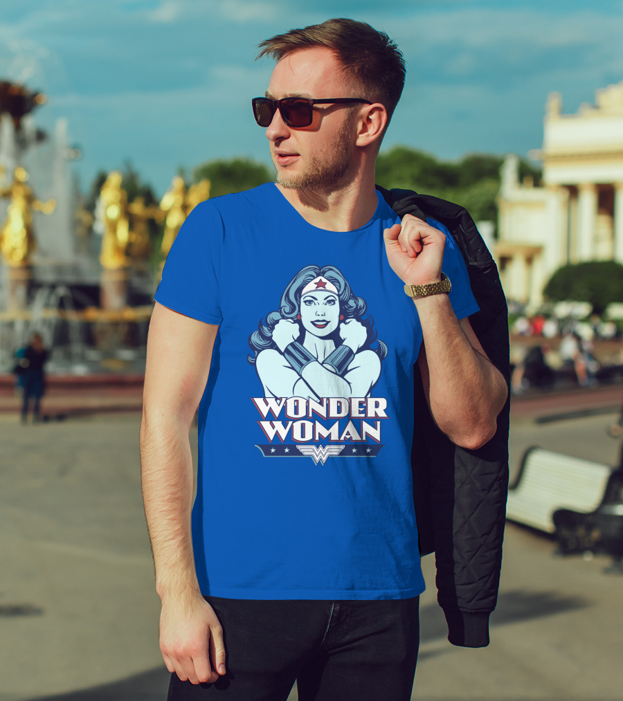 WONDER WOMAN Retro Blue Crossover Illustration With Star Headband And Arm Bracelets T-Shirt