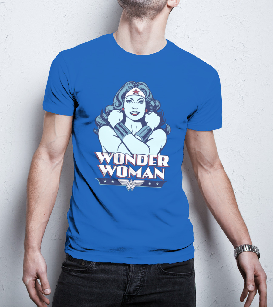 WONDER WOMAN Retro Blue Crossover Illustration With Star Headband And Arm Bracelets T-Shirt