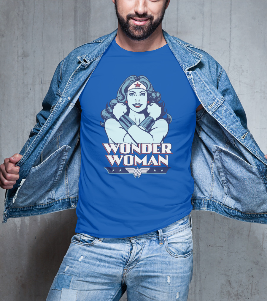 WONDER WOMAN Retro Blue Crossover Illustration With Star Headband And Arm Bracelets T-Shirt