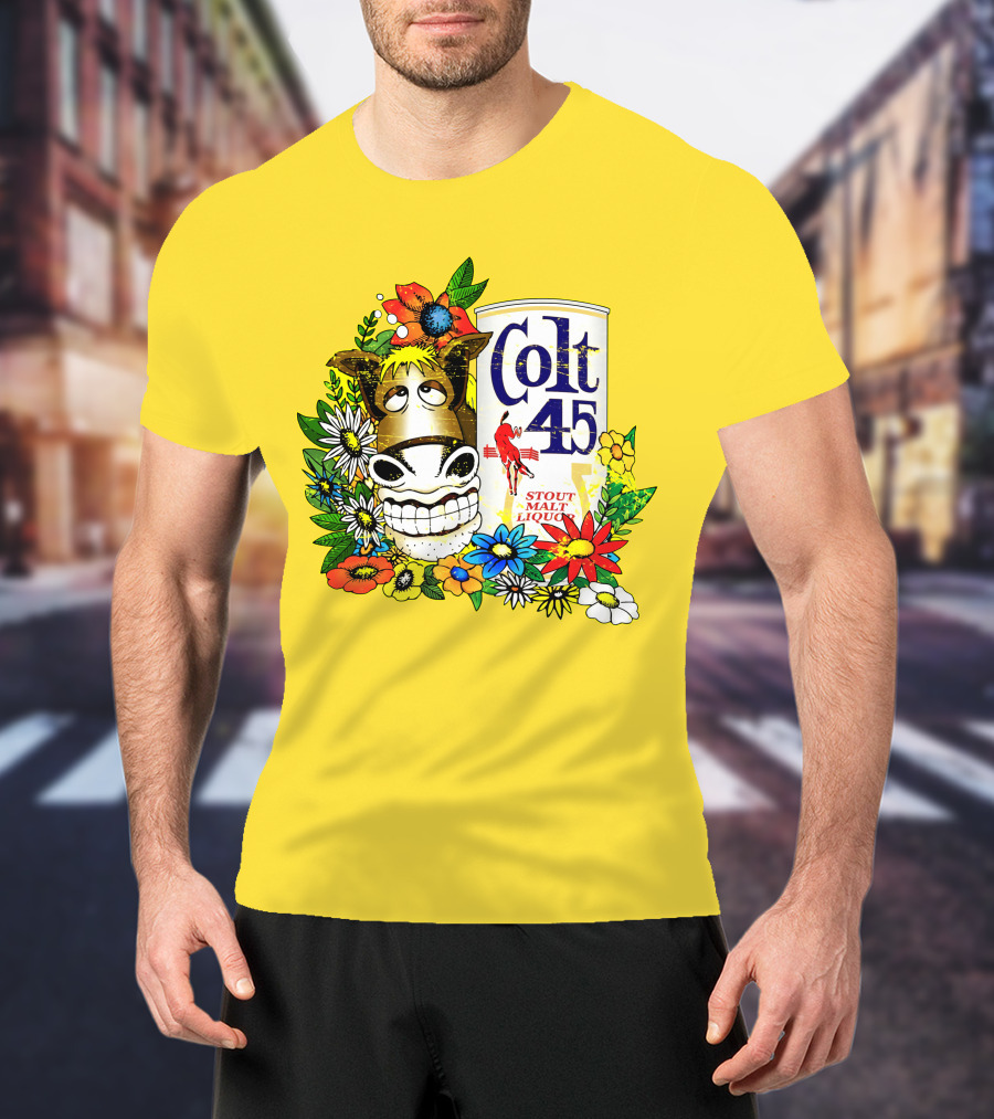 Colt 45 Malt Liquor With Cartoon Horse And Colorful Floral Background T-Shirt