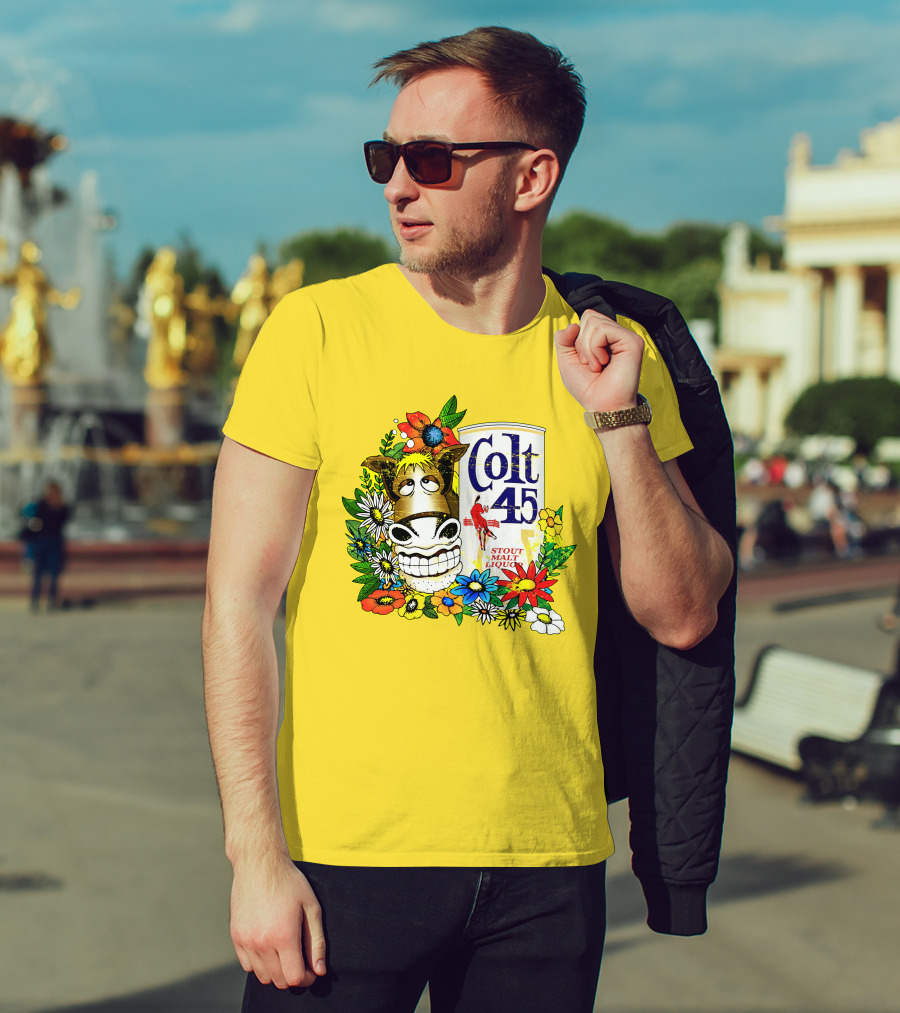 Colt 45 Malt Liquor With Cartoon Horse And Colorful Floral Background T-Shirt