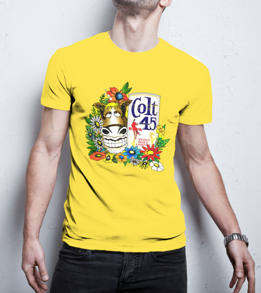 Colt 45 Malt Liquor With Cartoon Horse And Colorful Floral Background T-Shirt
