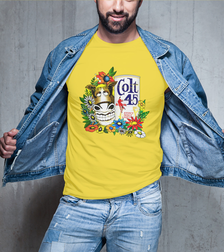 Colt 45 Malt Liquor With Cartoon Horse And Colorful Floral Background T-Shirt