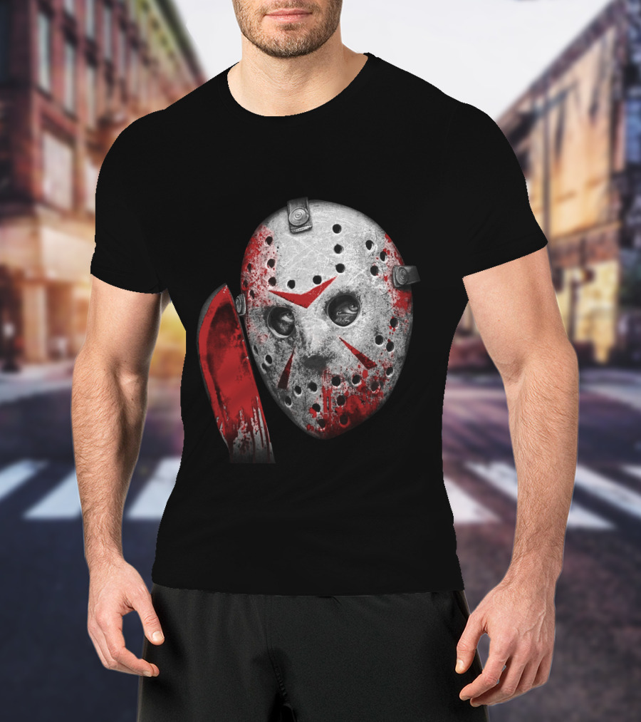 Friday The 13th Movie Jason Voorhees Mask With Bloody Machete Face T-Shirt