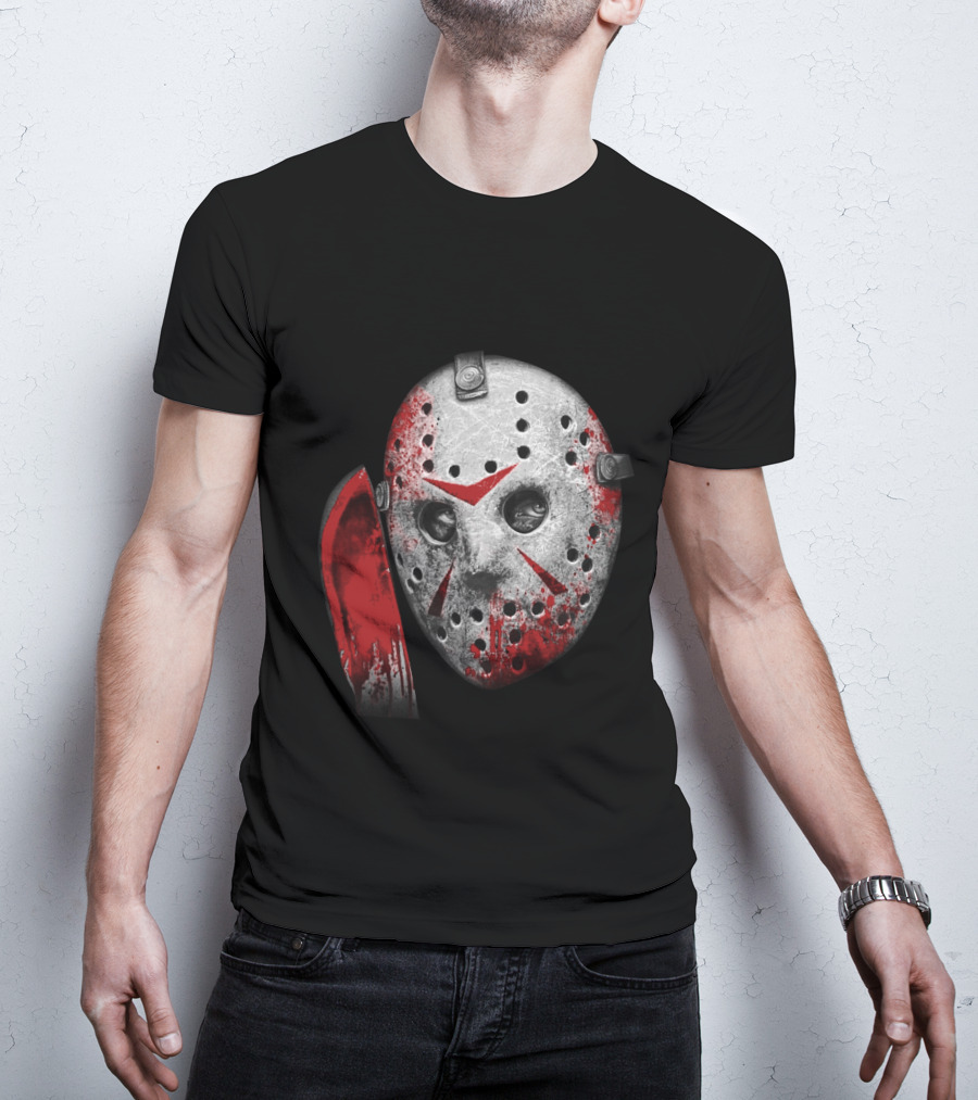 Friday The 13th Movie Jason Voorhees Mask With Bloody Machete Face T-Shirt
