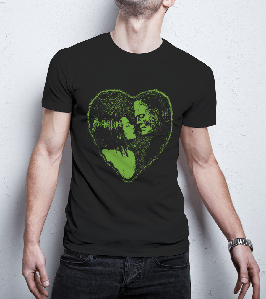 Frankenstein And Bride Heart Embrace Retro Horror Walking Dead TV Show Look T-Shirt