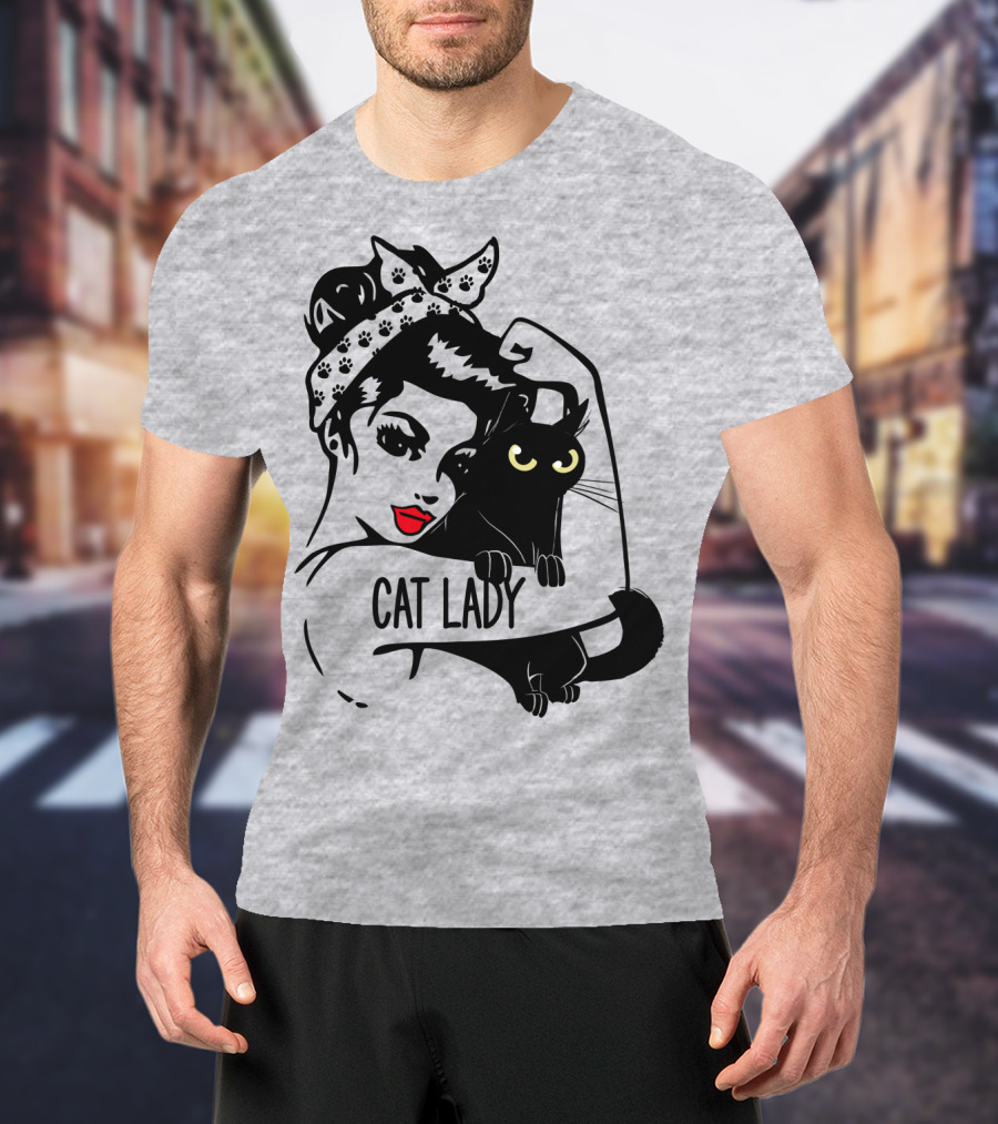 Cat Lady Retro Style With Black Cat And Polka Dot Bandana T-Shirt