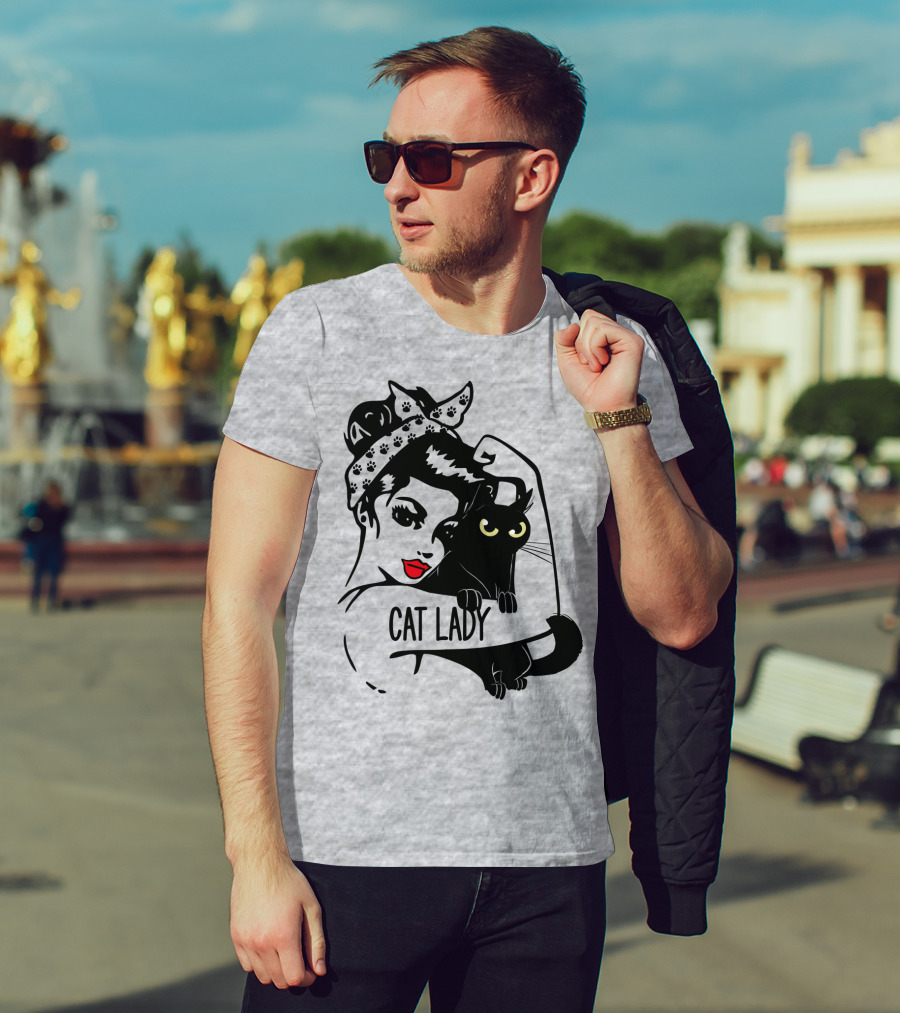Cat Lady Retro Style With Black Cat And Polka Dot Bandana T-Shirt