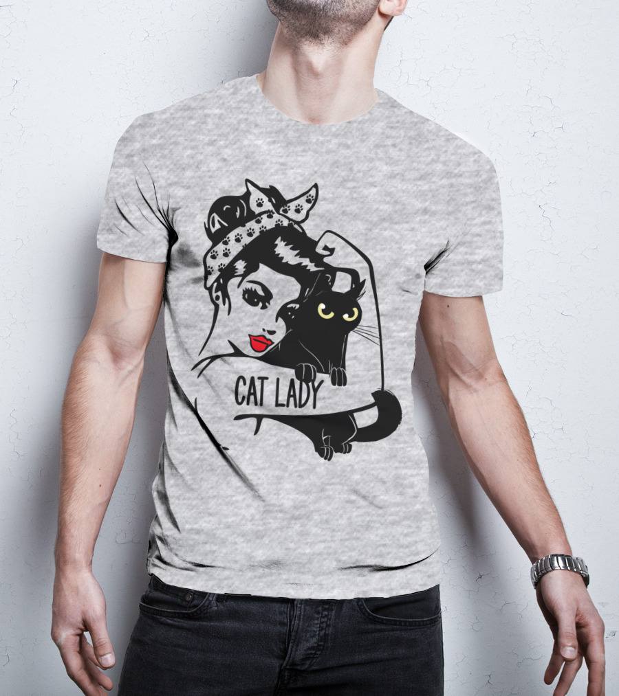 Cat Lady Retro Style With Black Cat And Polka Dot Bandana T-Shirt