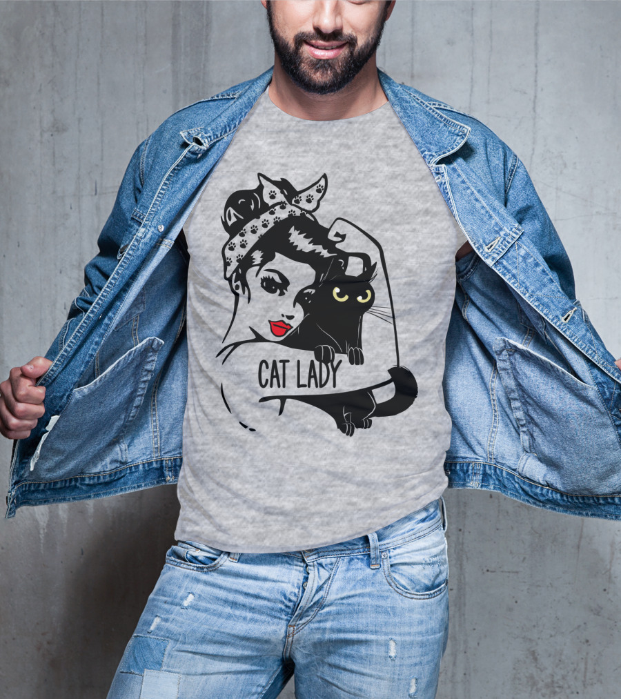 Cat Lady Retro Style With Black Cat And Polka Dot Bandana T-Shirt