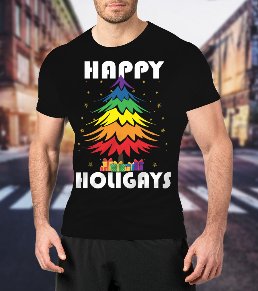 Happy Holigays Rainbow Christmas Tree And Presents T-Shirt