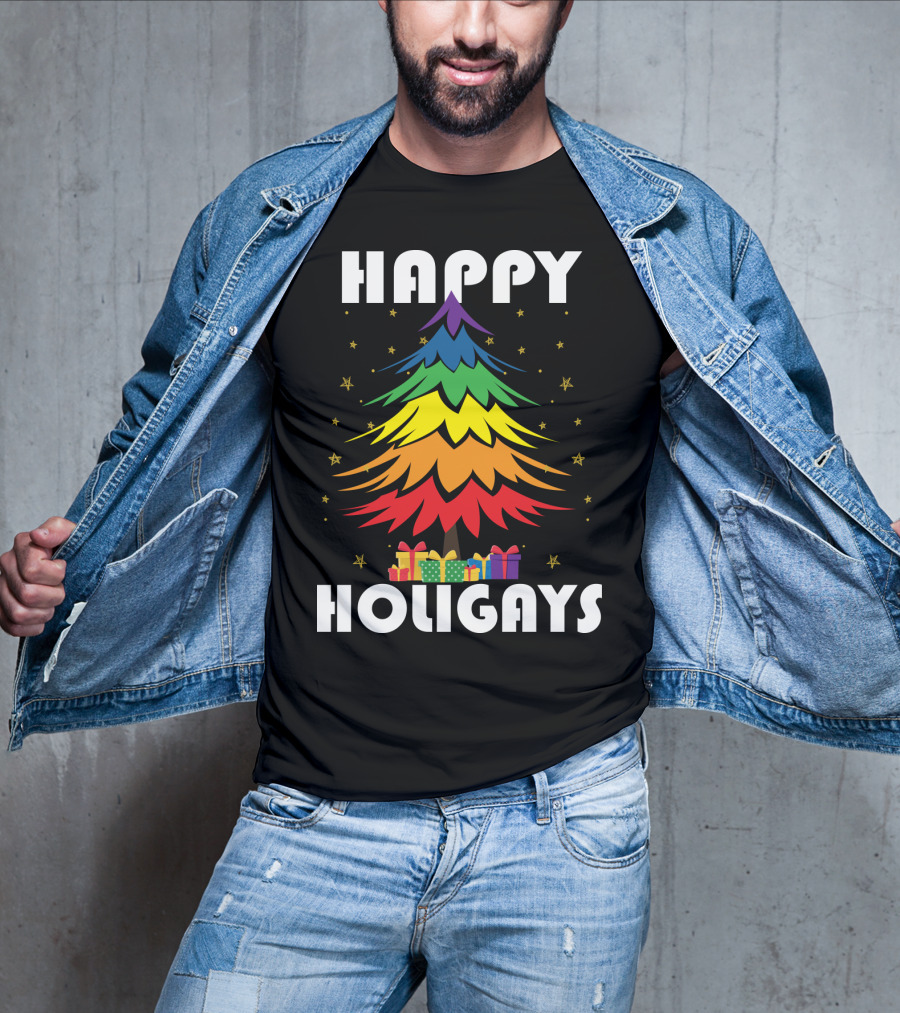 Happy Holigays Rainbow Christmas Tree And Presents T-Shirt