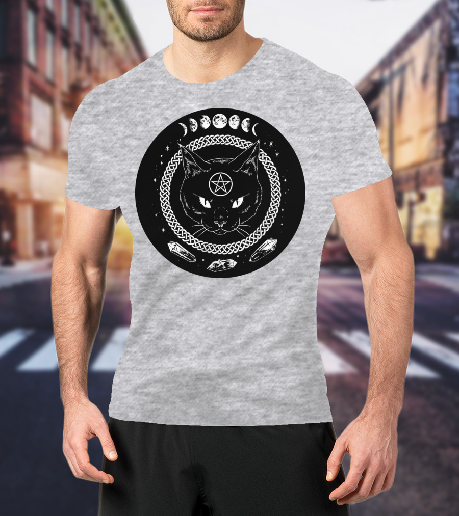 Cat Moon Magic Pentacle Phases Crystals Lunar Cycle T-Shirt